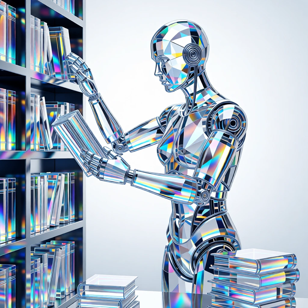 A robotic librarian carefully organizing glowing holographic books in a vast archive.