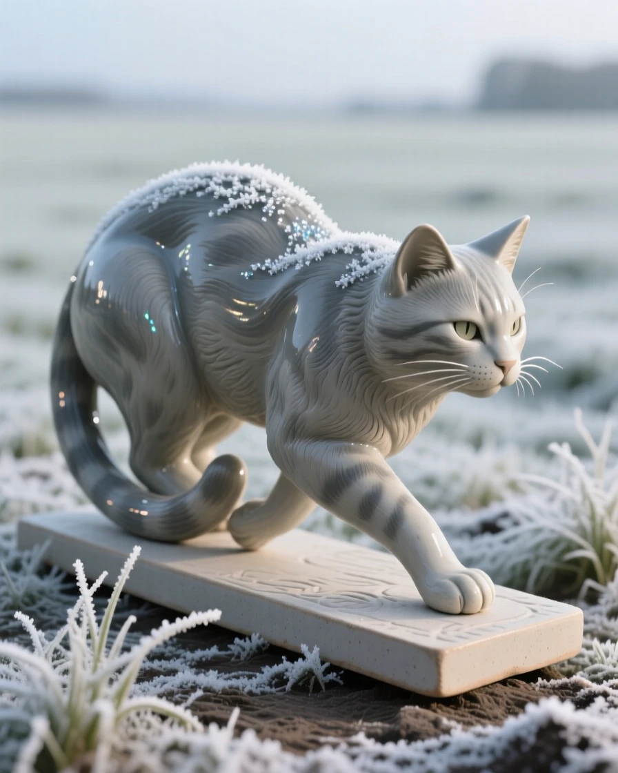 A curled-up cat captured mid-stride across an open field, its coat dusted with a light frost, conveying calm strength and quiet pride.