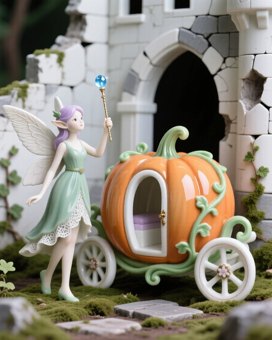 A whimsical scene of a tiny woodland fairy waving a sparkling wand over a pumpkin carriage in a crumbling storybook castle.