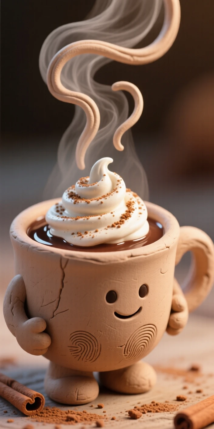 A steaming mug of hot cocoa with a swirl of whipped cream and cinnamon