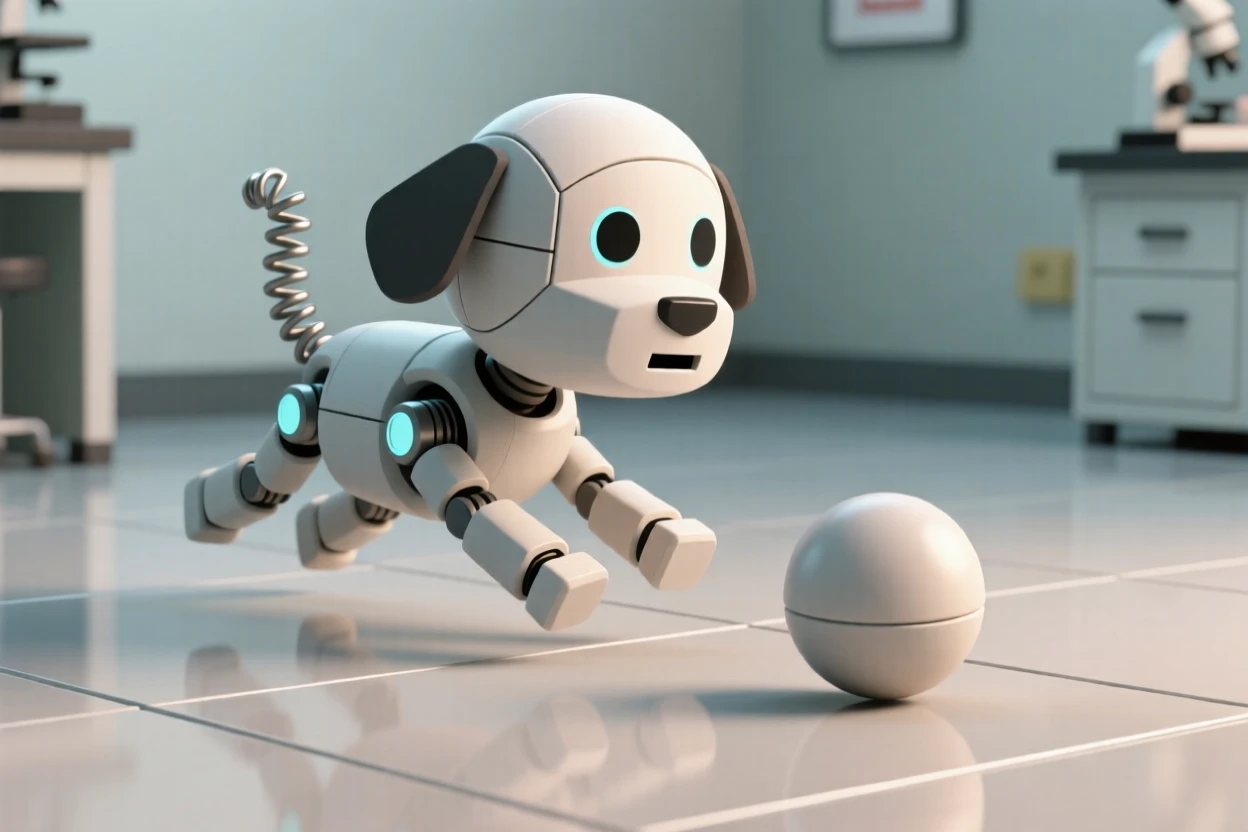 A curious robot puppy wags a spring-coiled tail while chasing a bouncing rubber ball across a lab floor.