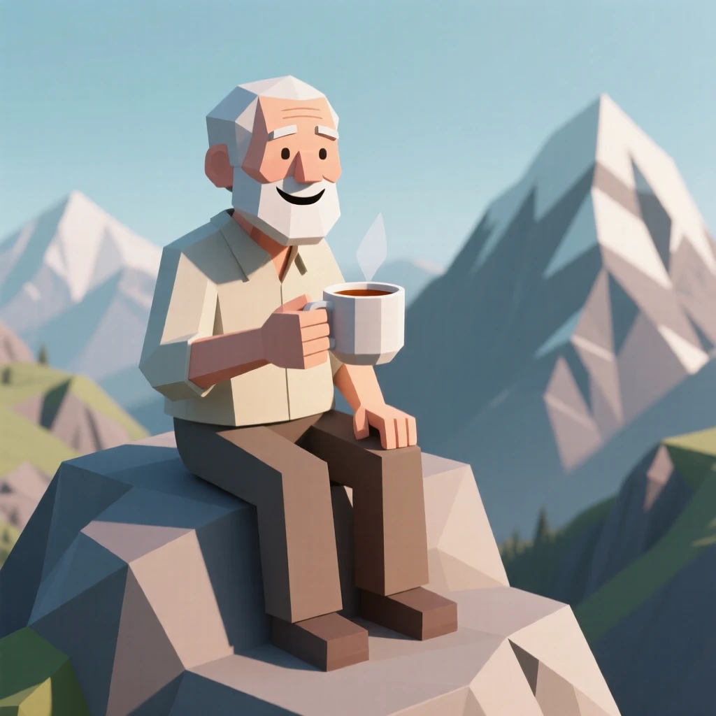 An elderly man smiling warmly over a cup of tea, atop a mountain overlook. natural light enhances the authenticity of the scene. It captures a feeling of quiet triumph.
