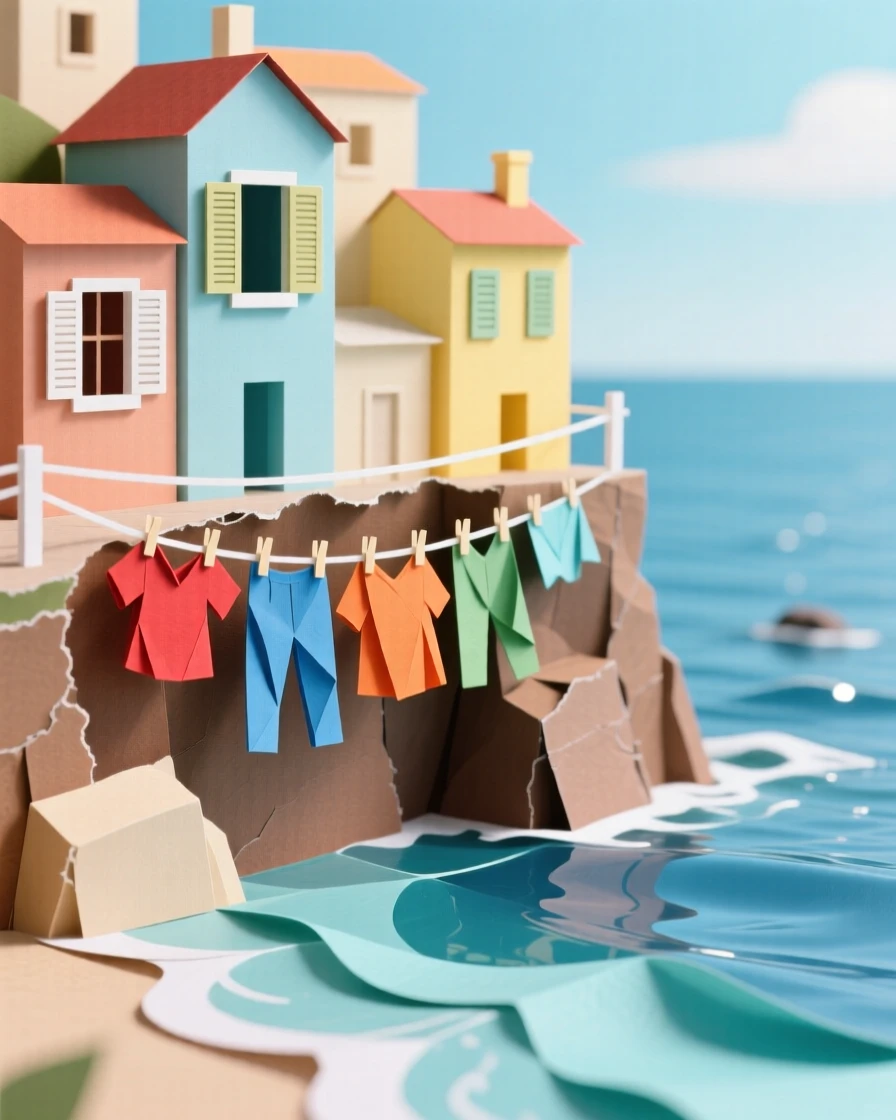 A cliffside town overlooking the sea reflecting soft colors in still water nearby, with laundry lines strung between windows, conveying vibrant local energy.