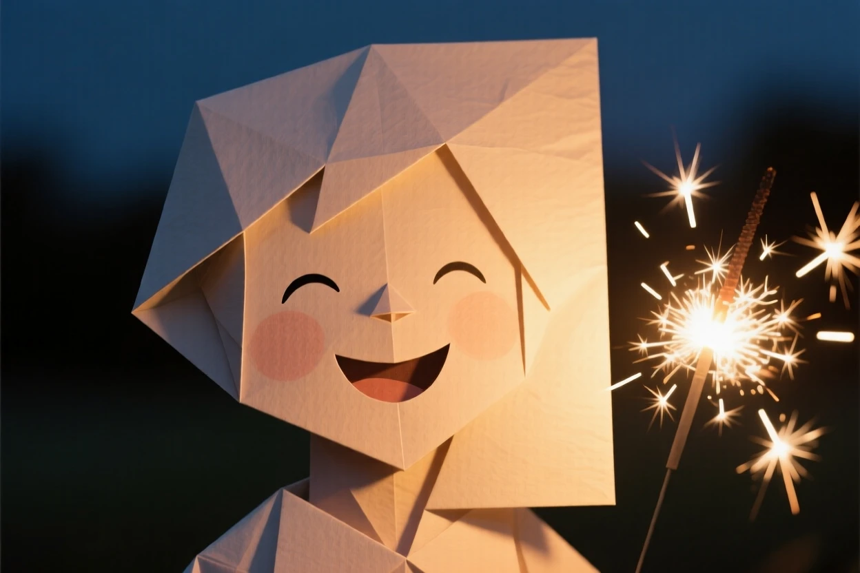 A child's face lit by sparklers during a summer evening celebration.