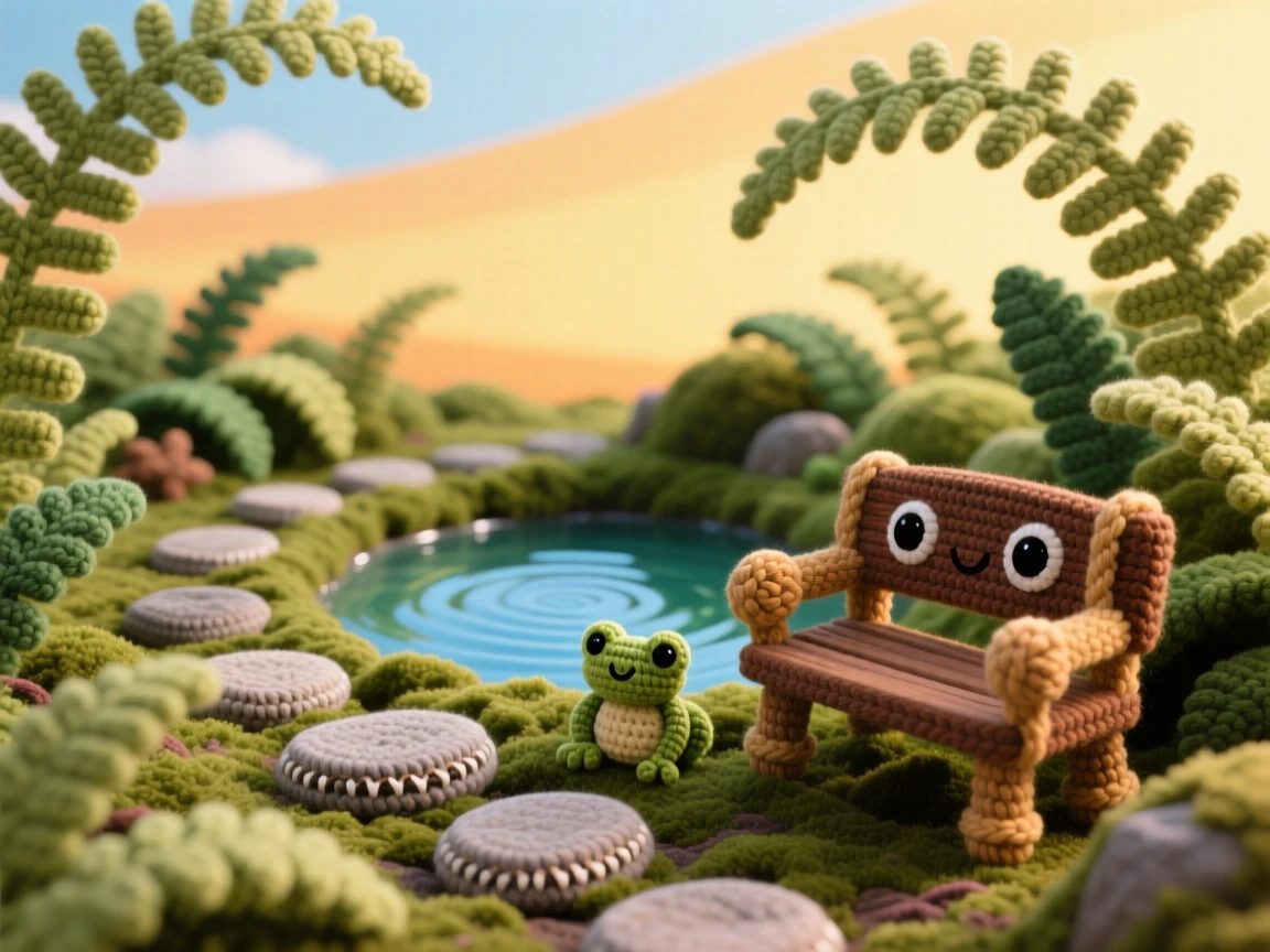 A picturesque scene featuring a mossy stone path, winding through a quiet fern garden, leading to a small hidden pond beneath a wide open sky at golden hour, accompanied by a single wooden bench resting nearby, capturing a serene, storybook tranquility.