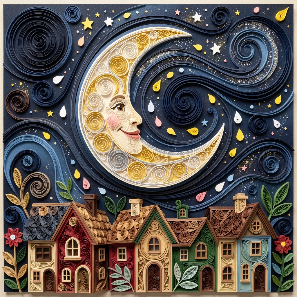a starry night sky with a smiling crescent moon, in a whimsical storybook village, composed with a friendly, inviting central focal point, with confetti-like sparkles throughout the scene.