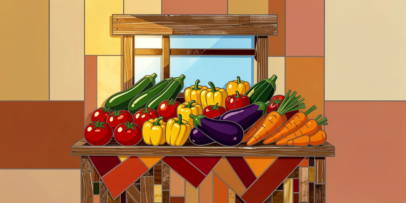 A colorful farmers market stall overflowing with fresh vegetables, styled beautifully with warm natural window light.