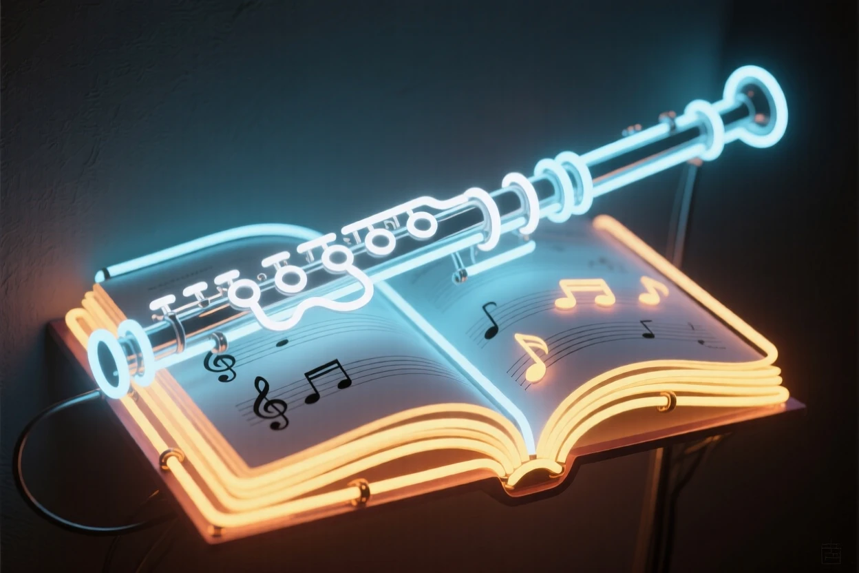 A flute resting on an open songbook.