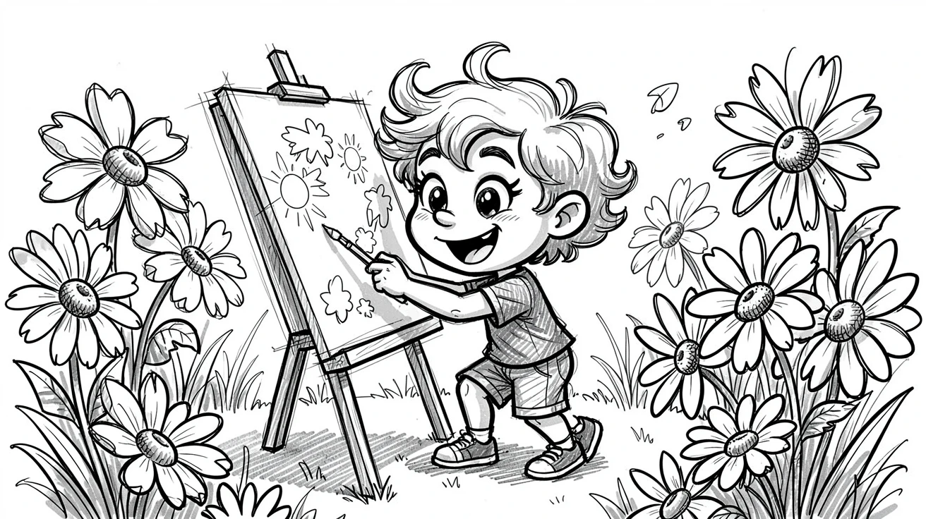 A child painting at an easel in the backyard in a backyard full of summer flowers.
