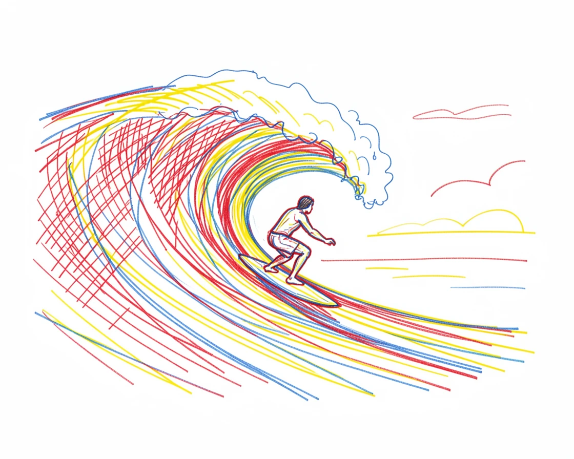 A surfer riding the curl of a massive turquoise wave at sunrise