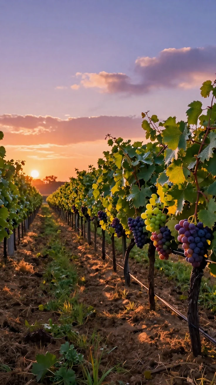 A vineyard at sunset with rows of ripening grapes