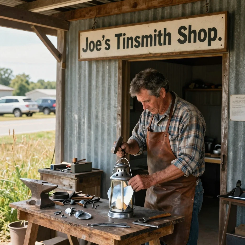 A tinsmith shapes a lantern from sheet metal at a small roadside workshop.
