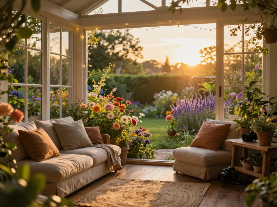 A sunroom overlooking a garden bursting with color, welcoming and warm, on a warm summer evening