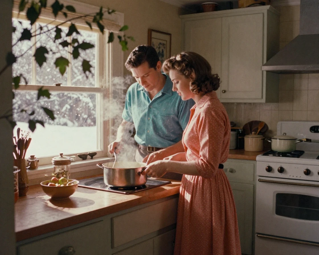 A couple slow-cooking dinner together in a warmly lit kitchen, in dappled light filtering through leaves, as heat shimmers over the ground, under the first snow of winter, in vivid coral and turquoise hues, peering through foliage in the foreground.