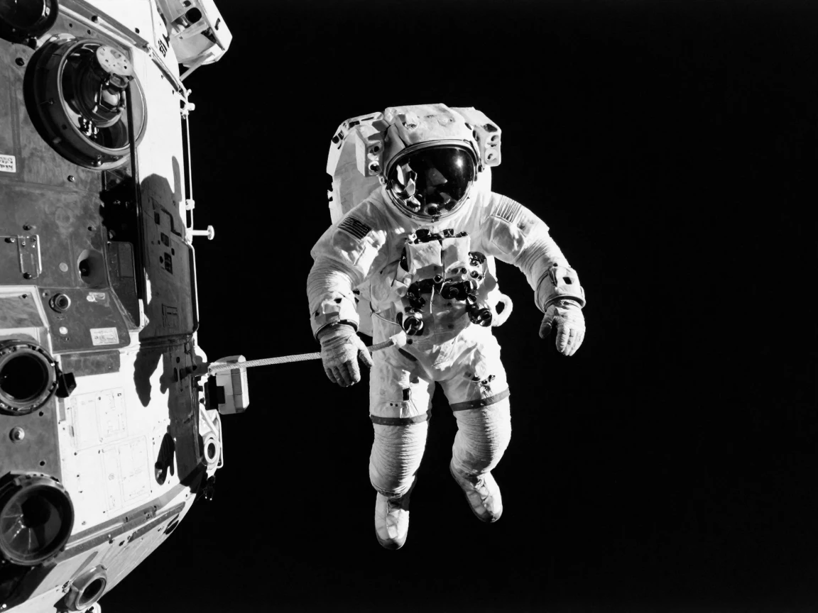 An astronaut floats outside a space station tethered above the dark void.