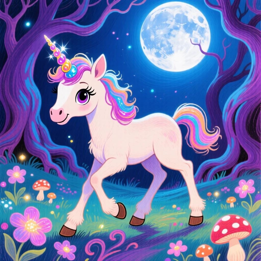 A moonlit unicorn foal taking its first wobbly steps in an enchanted glade.