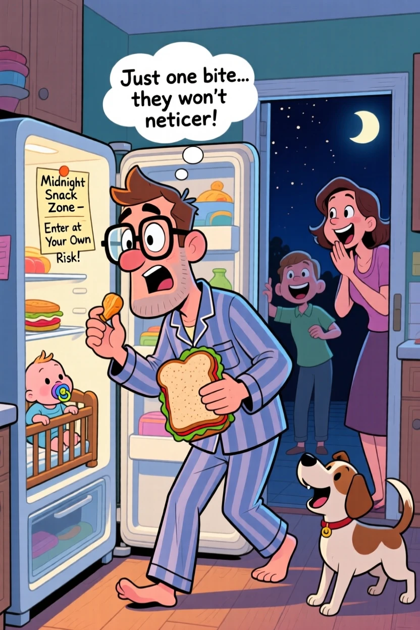 A funny expressive moment showing a new dad trying to sneak a midnight snack and getting caught, as everyone around them bursts into laughter.