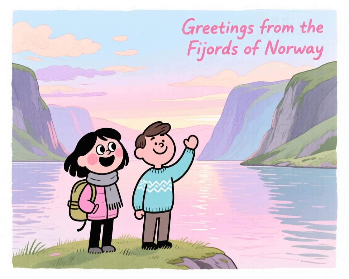 A dreamy travel postcard scene of the fjords of Norway at soft pink dawn