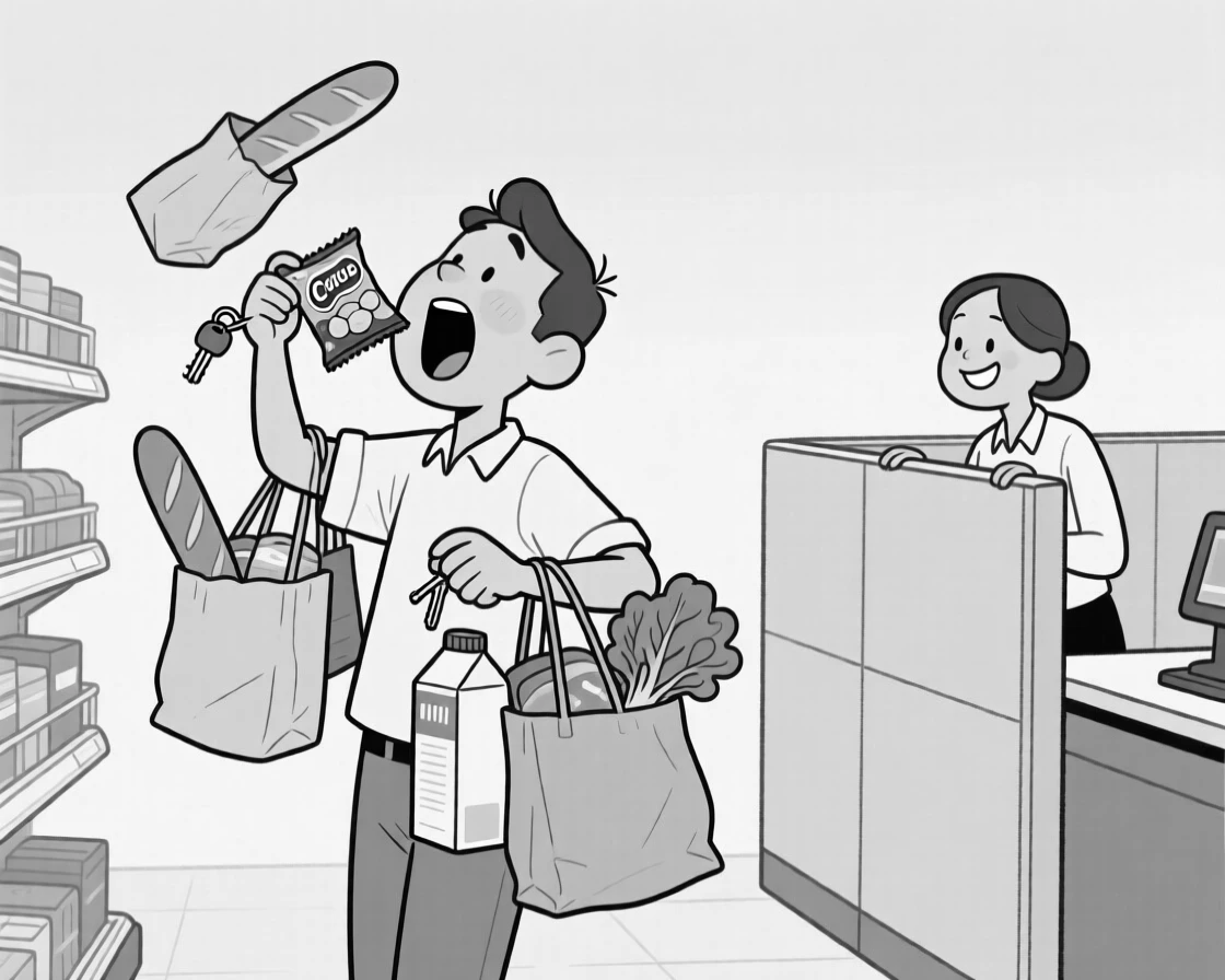A person juggling grocery bags while fumbling for keys, shoving the whole snack into one's mouth at once, set in a supermarket aisle. A coworker peeks over a cubicle wall, smirking. There's a warm, self-deprecating humor to the moment.