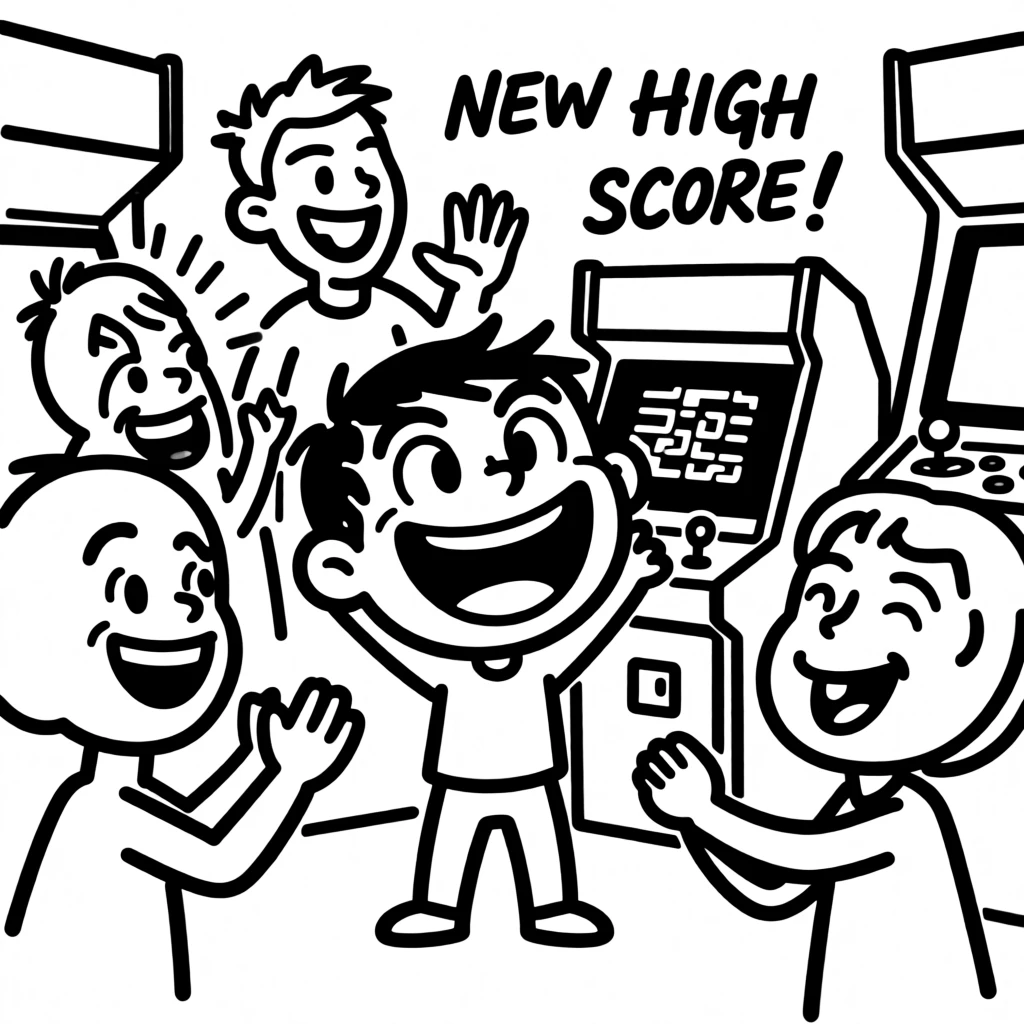 A retro arcade scene with a kid triumphantly beating a high score, friends cheering.