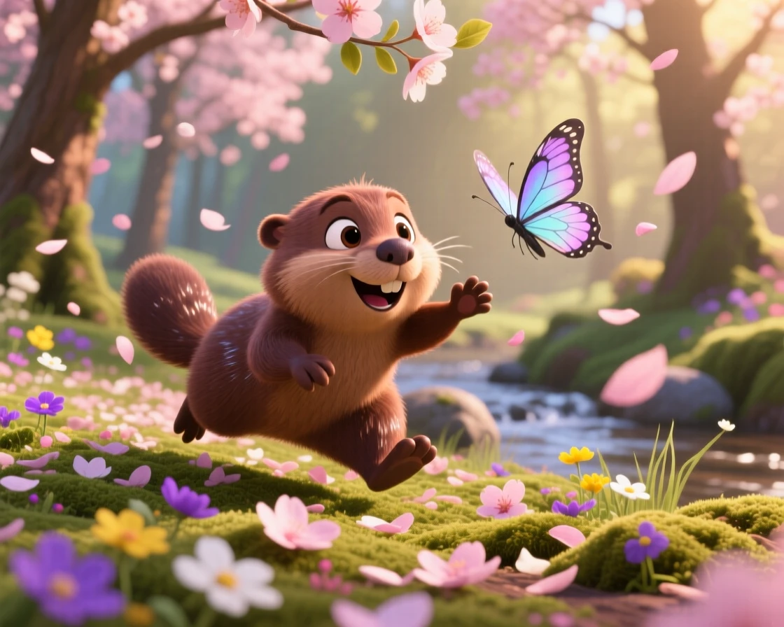 A baby beaver is playing among fallen cherry blossom petals, chasing a fluttering butterfly. A quiet, comforting sweetness surrounds the scene, with a scattering of small flowers around it.