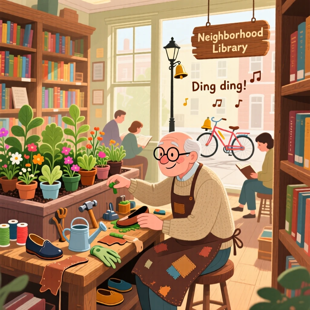 In a quiet neighborhood library, a shoemaker at his workbench is busy tending a rooftop garden, as bicycle bells chime somewhere nearby.