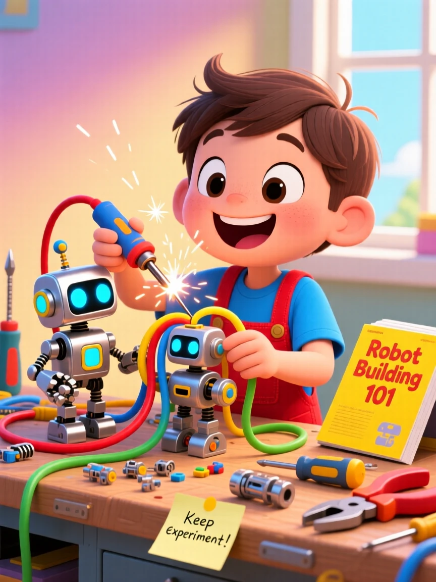 A child soldering colorful wires together to build a small robot.