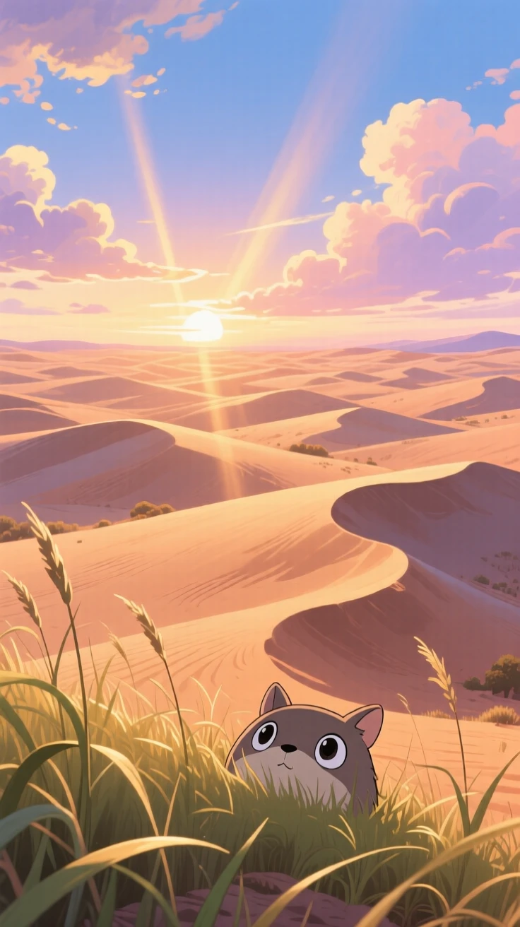 A breathtaking view of a desert dune field with rippled sand, with sunlight breaking through scattered clouds in golden shafts, at dusk, seen through a gentle foreground of grass.