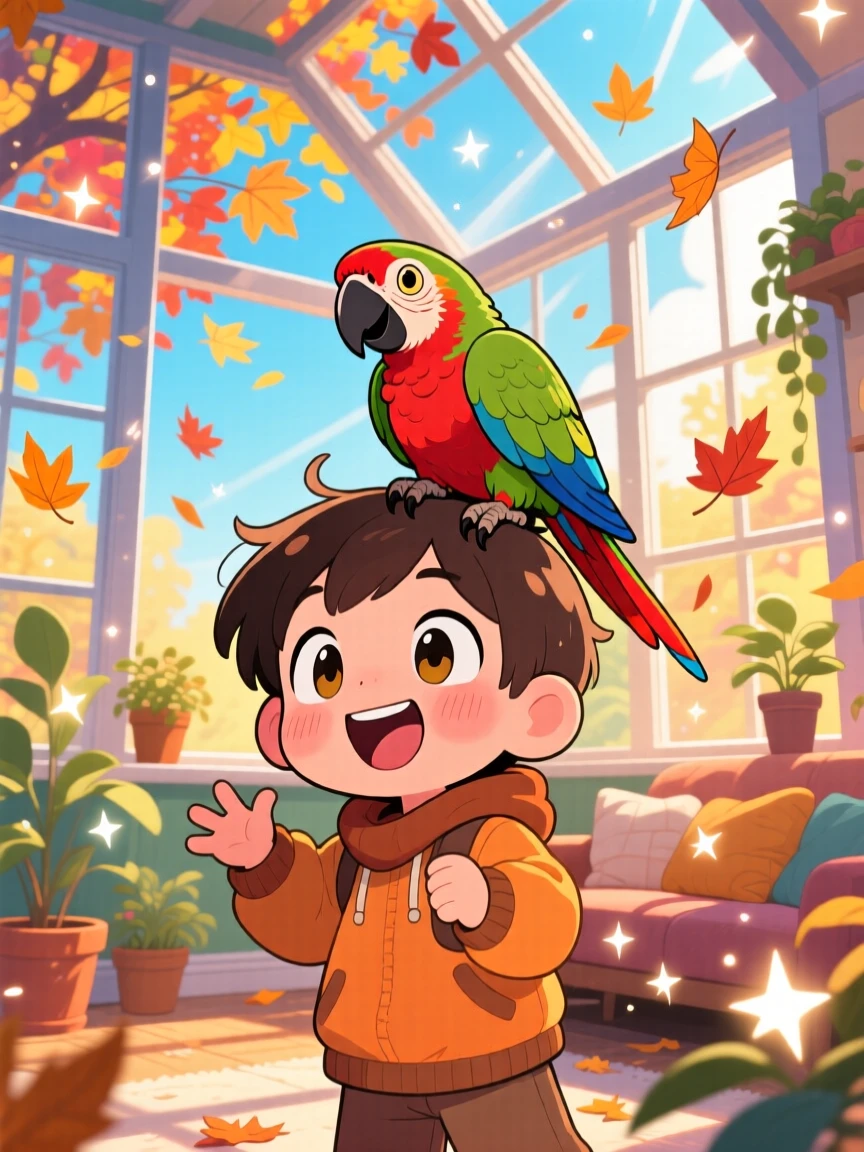A child and a parrot sharing a joke with matching grins in a colorful sunroom with autumn leaves swirling around; sparkling starlight washes over the scene as gentle surprise fills the moment. Dynamic diagonal composition.