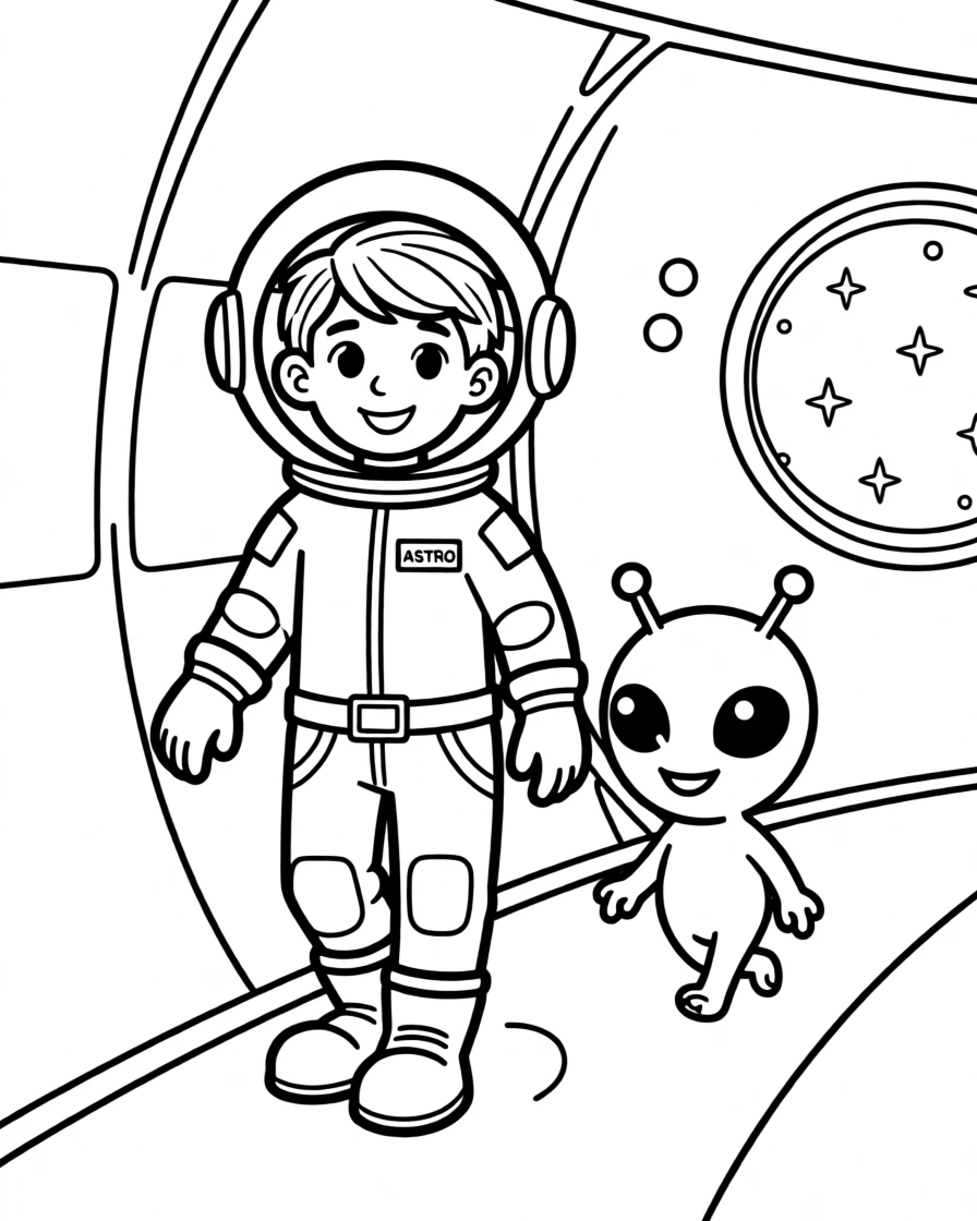A friendly alien pet following an astronaut around a spaceship