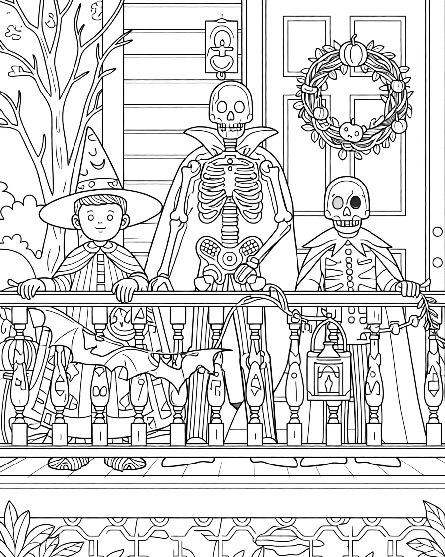 A Halloween trick-or-treat scene with costumed figures on a porch.