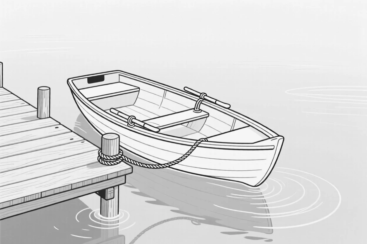 A rowboat tied to a wooden dock on a calm lake