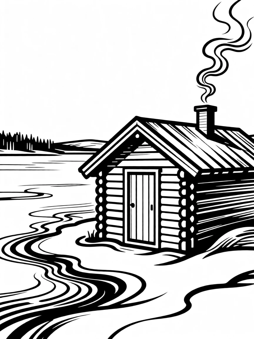 A Nordic sauna hut beside a frozen lake with steam rising into the cold air.