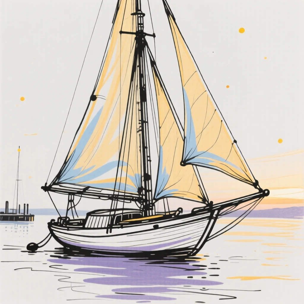 A classic wooden sailboat anchored in a quiet harbor at dawn.