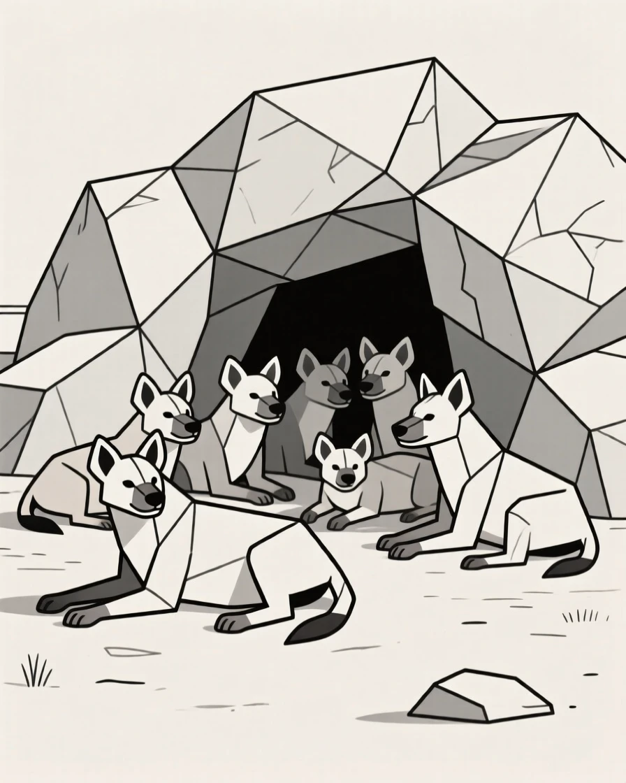 A hyena pack resting near a rocky den