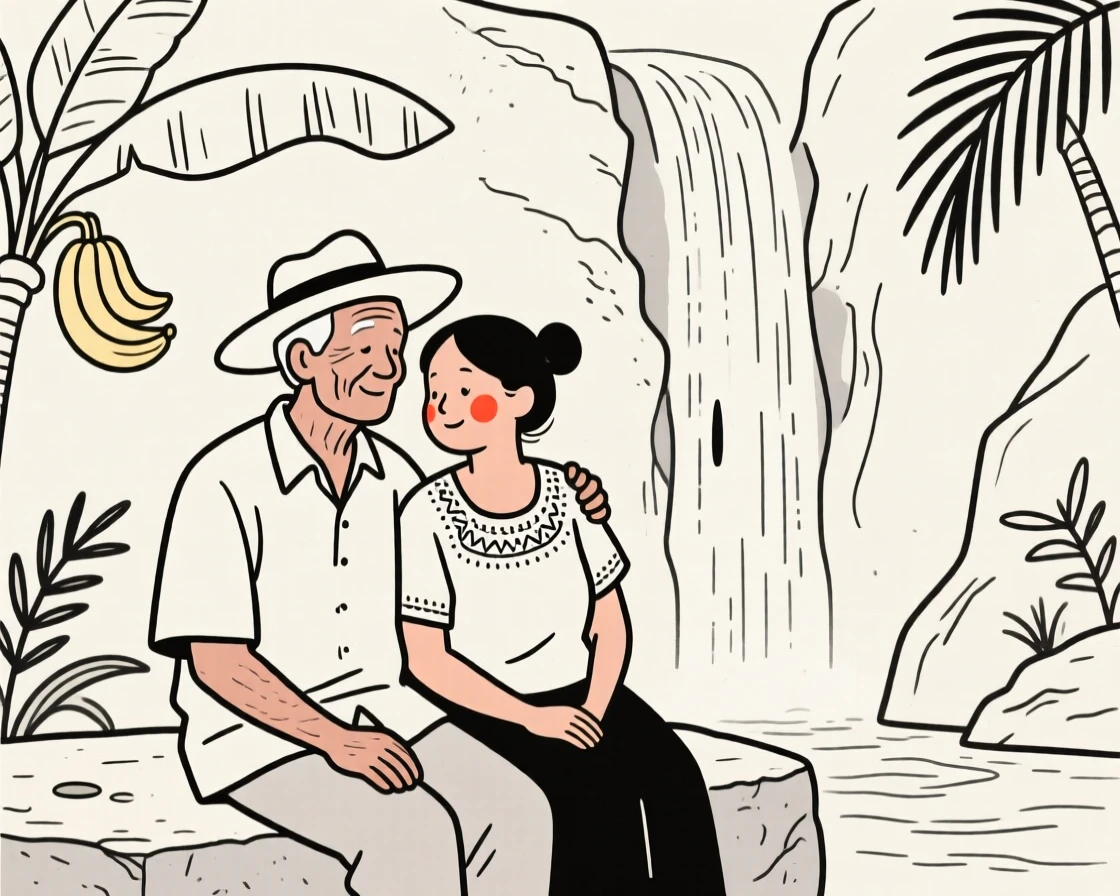 An elderly couple of Mexican heritage, resting in calm stillness, by a waterfall in the jungle.