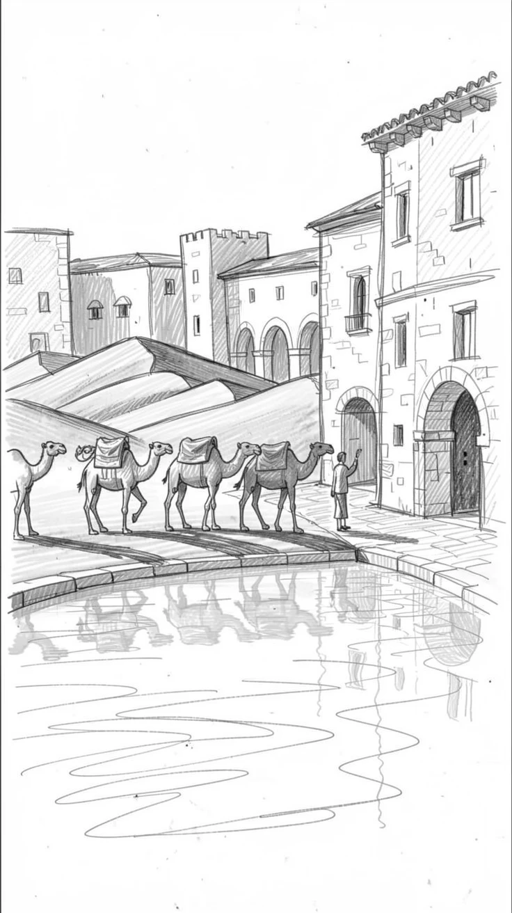 A vibrant cultural scene of a caravan of camels crossing golden dunes in a historic old town square, with reflections shimmering on calm water.