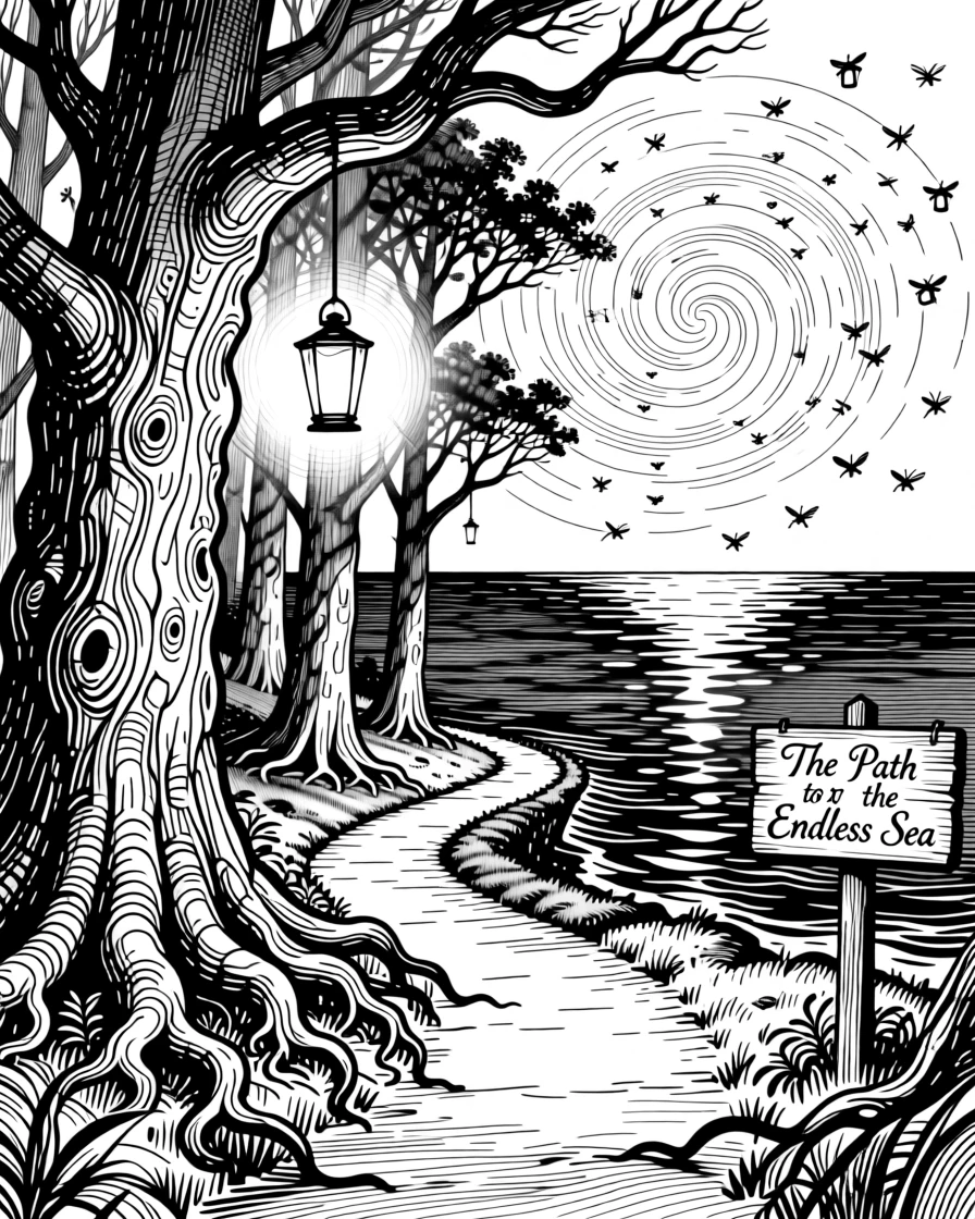 A lantern-lit path through an enchanted forest at the edge of an endless enchanted sea, with fireflies swirling like tiny lanterns, forming an epic and dreamlike fantasy scene.