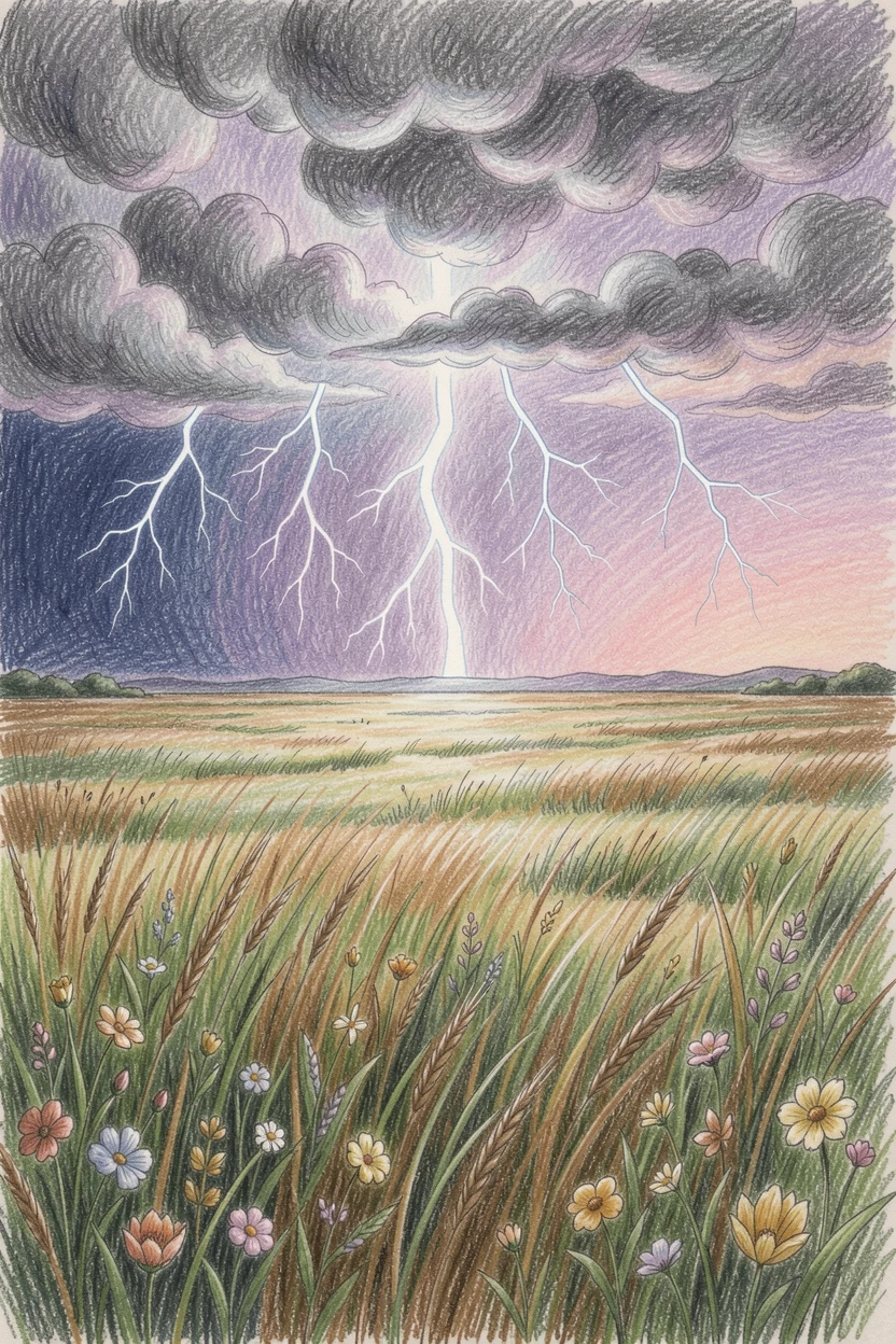 A distant lightning storm illuminating a wide open prairie, with rich, inviting textures throughout the scene, designed to feel inviting, memorable, and shareable.