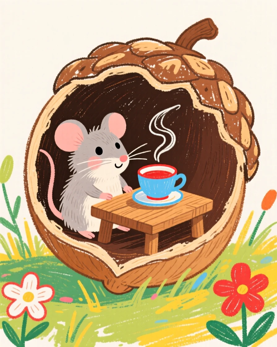A tiny mouse having tea inside a hollowed out acorn shell.
