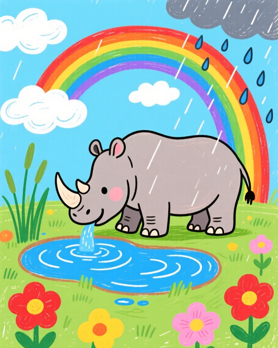 A rhinoceros grazing near a watering hole beneath a rainbow after a storm.