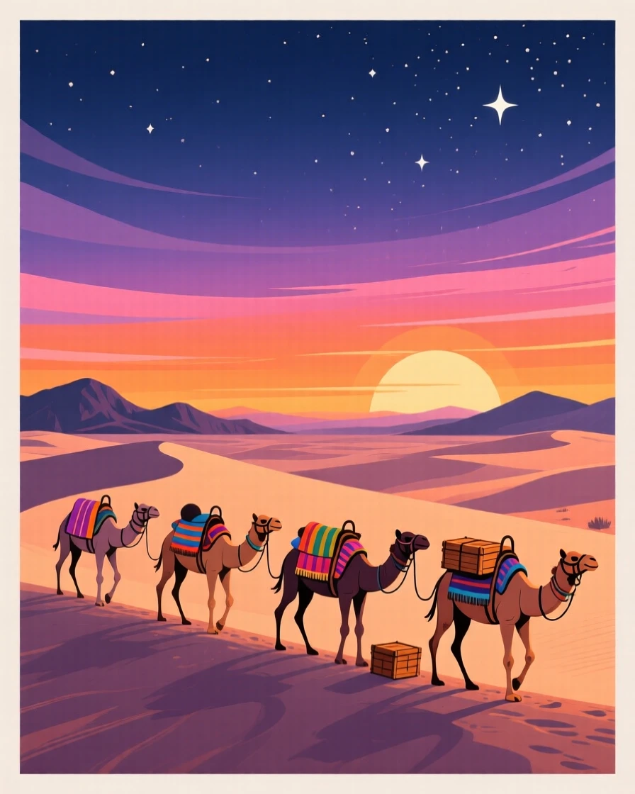 A vibrant desert sunset over a caravan of camels, under a starlit evening sky, framed with a sweeping wide-angle perspective, with a nostalgic, postcard-like charm.