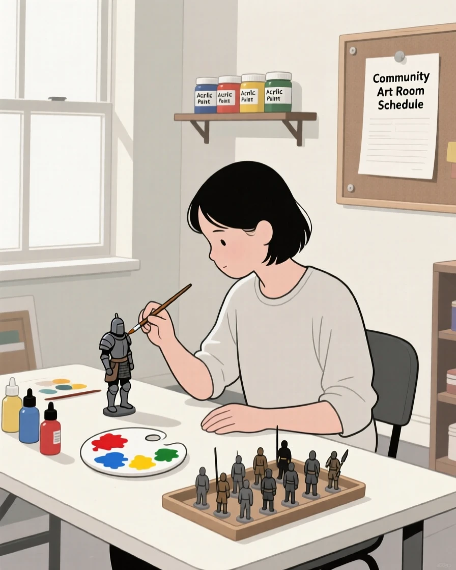 A person painting miniature figures in a community art room.