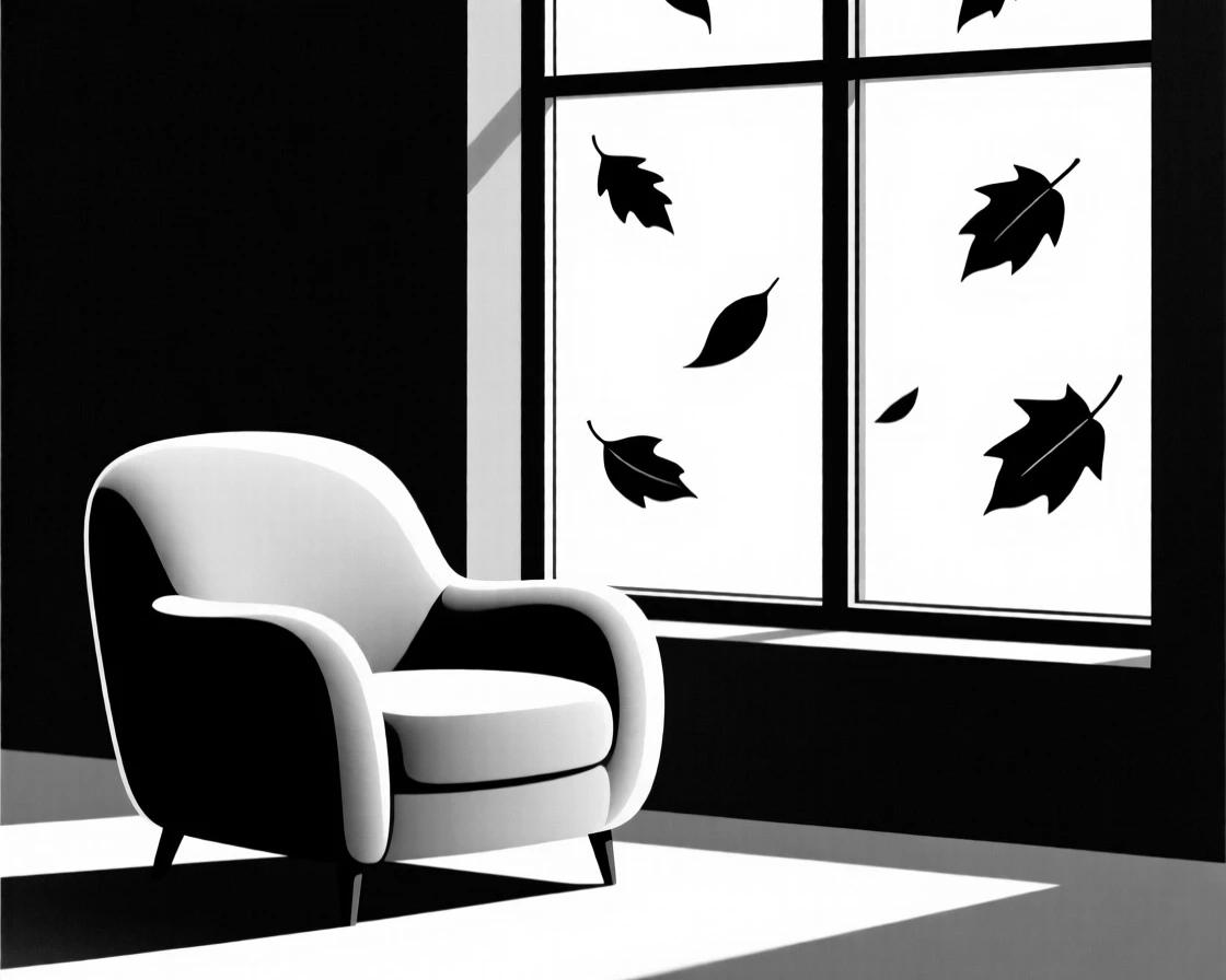 A soft armchair beside a window overlooking falling leaves.