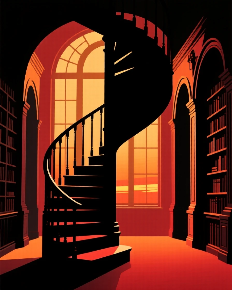 A grand spiral staircase rising through the center of an old library.