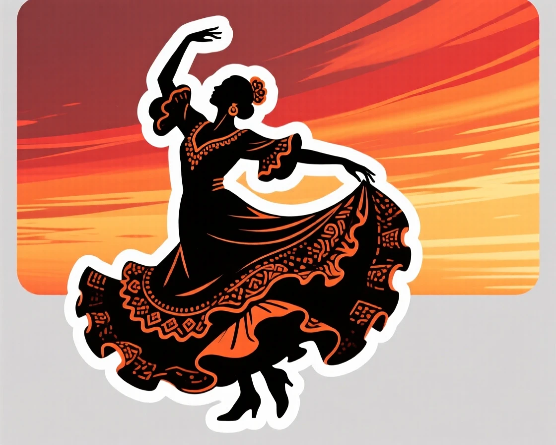 A richly detailed Spanish flamenco dancer mid-twirl, under a sky streaked with warm colors, during a memorable journey abroad.
