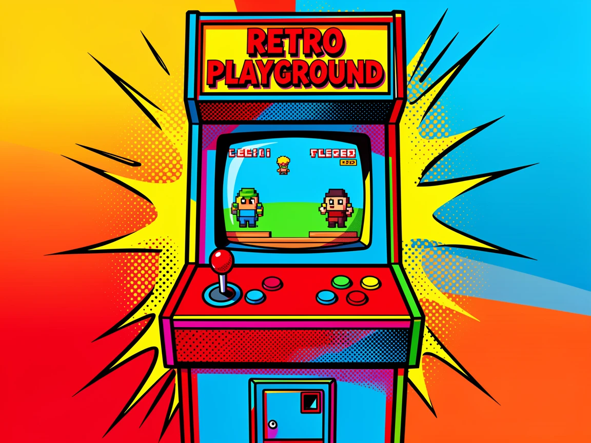 A retro arcade cabinet lit with pixel-art graphics