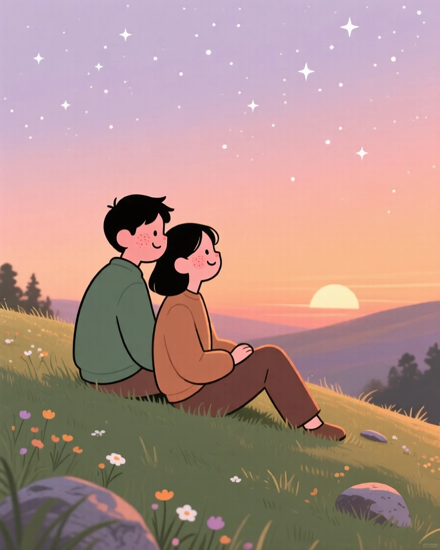 A couple shares a quiet moment on a hillside overlook at sunset, leaning close together as stars start to appear overhead surrounds them.