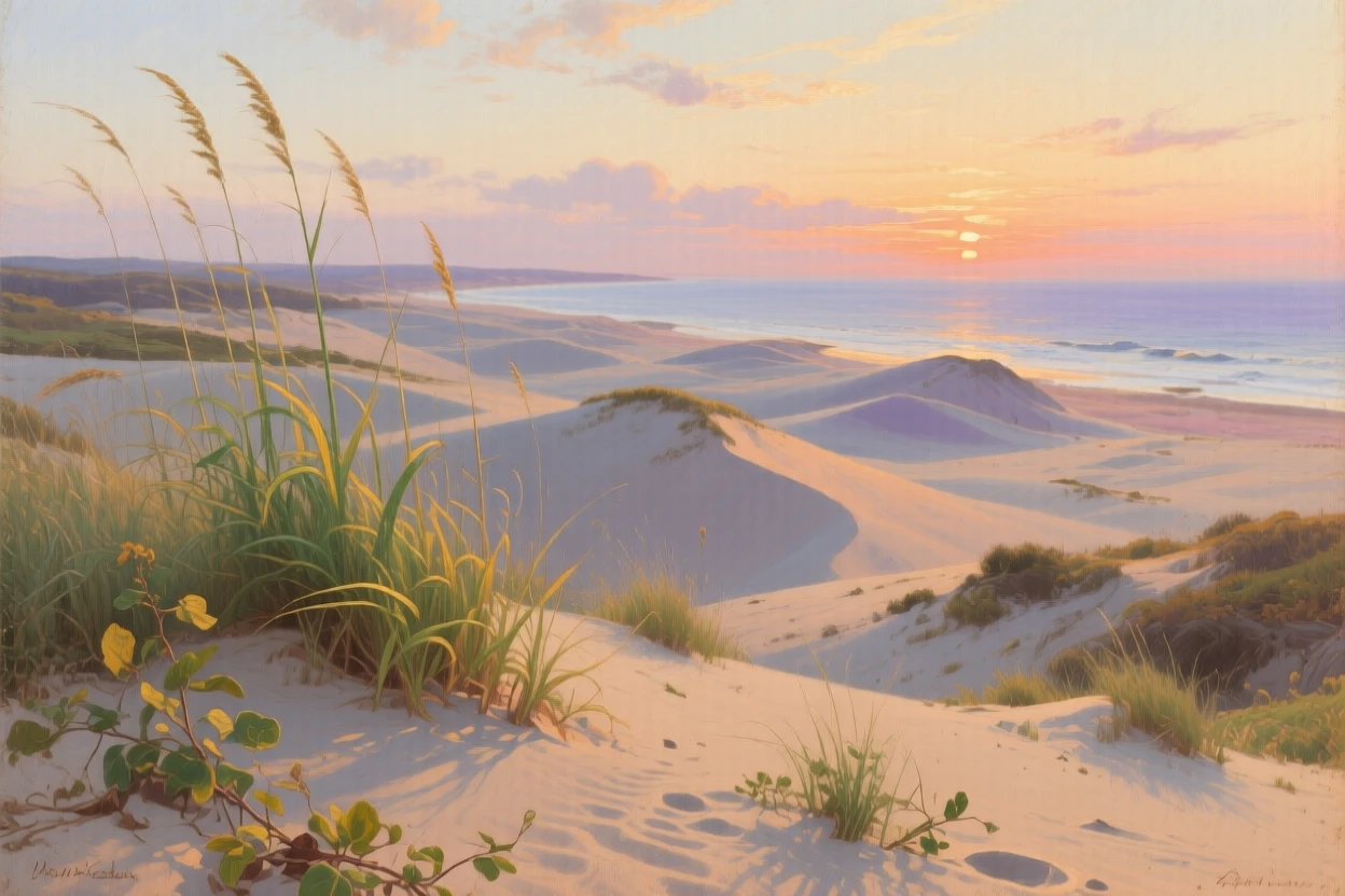 A panoramic view of a coastal dune landscape with tall grass bending in the wind, in medieval times, in the last light of sunset.