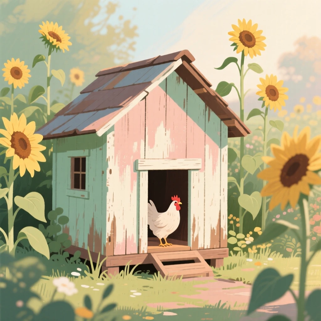 A rustic chicken coop surrounded by a garden of sunflowers